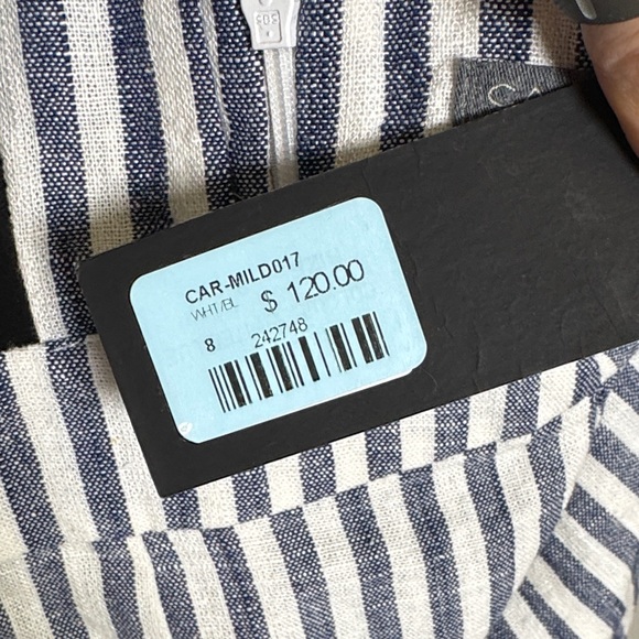 CARMAR Blue White Striped Overall Skirt Dress Linen Suspender Mini NWT 8 - Picture 4 of 10